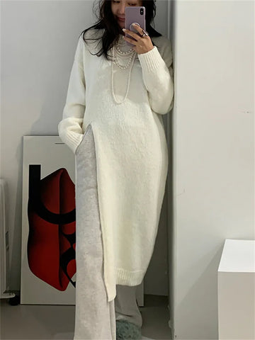 Winter Women Dress Oversize Dresses Knitting Fall Sweater Women Dress Long Sleeve Knitted Dresses Maxi Vintage Thick White Maxi